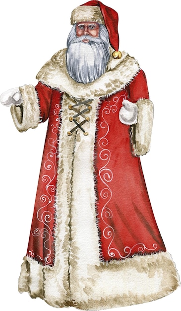 Foto waterverf illustratie van de kerstman met lange witte baard in rode jas met wit ornament