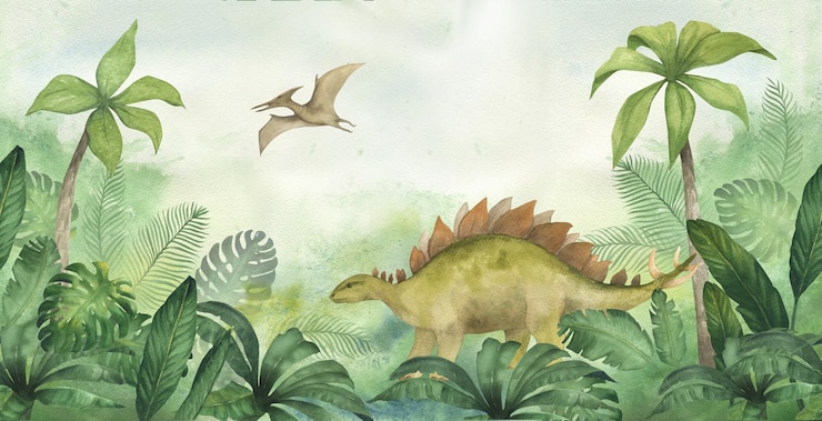 Foto waterverf illustratie van een banner of frame met een dinosaurus pterodactylus en stegosaurus in het groene oerwoud met palmbladeren voor kinderkamer decor behang uitnodiging