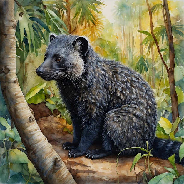 waterverf illustratie van een beerkat binturong