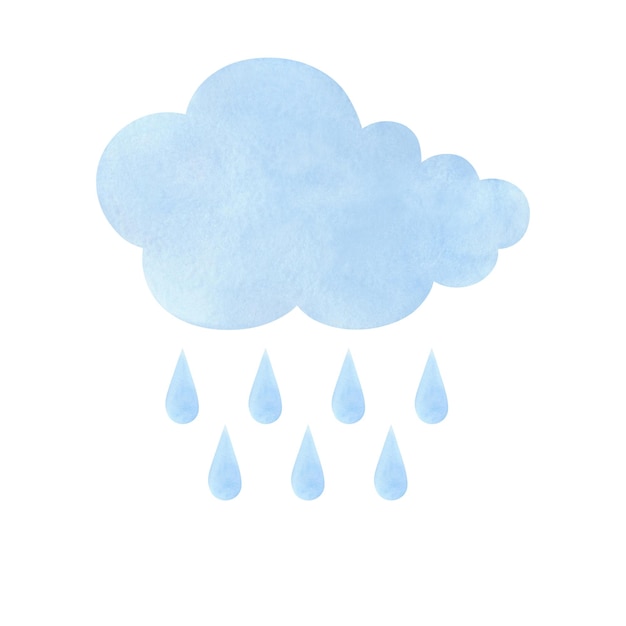 Waterverf illustratie van een blauwe wolk met regendruppels geïsoleerd op een witte achtergrond met de hand getekend