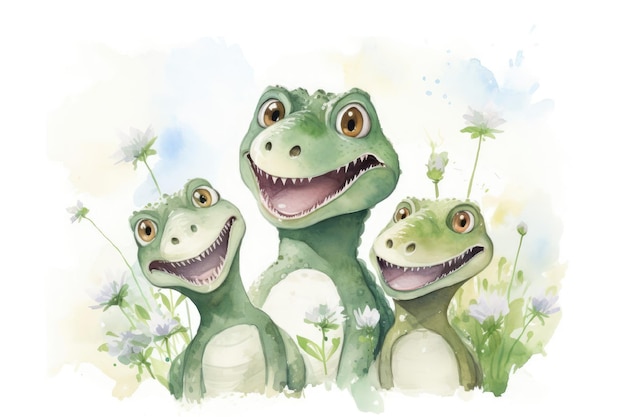 Waterverf illustratie van een dinosaurus moeder en haar kinderen met bloemen rond op een witte achtergrond