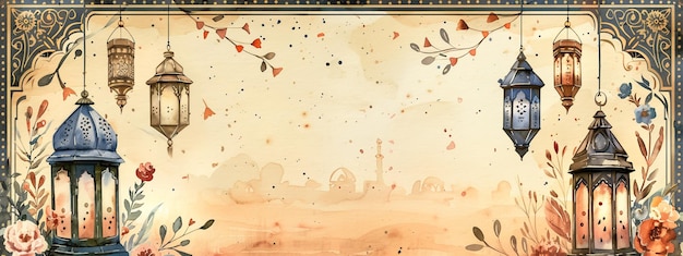 Foto waterverf illustratie van een grens met 4 arabische lantaarns hangen ramadan illustratie