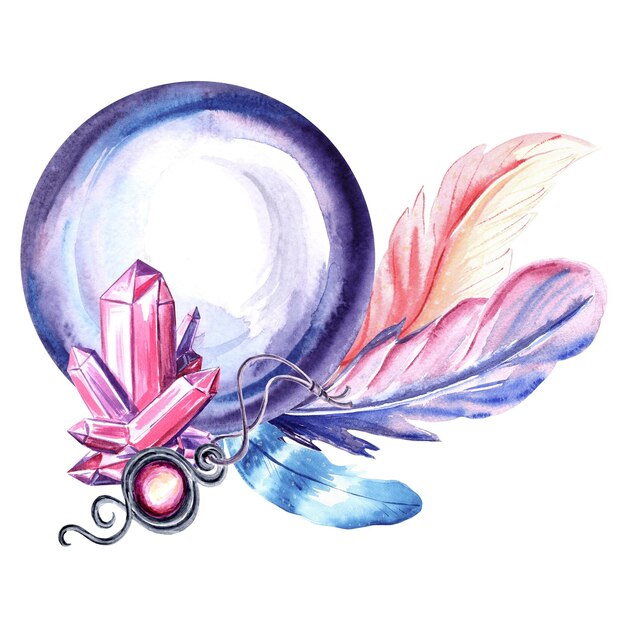 Waterverf illustratie van een kristallen magische bal met kristallen veren en amulet