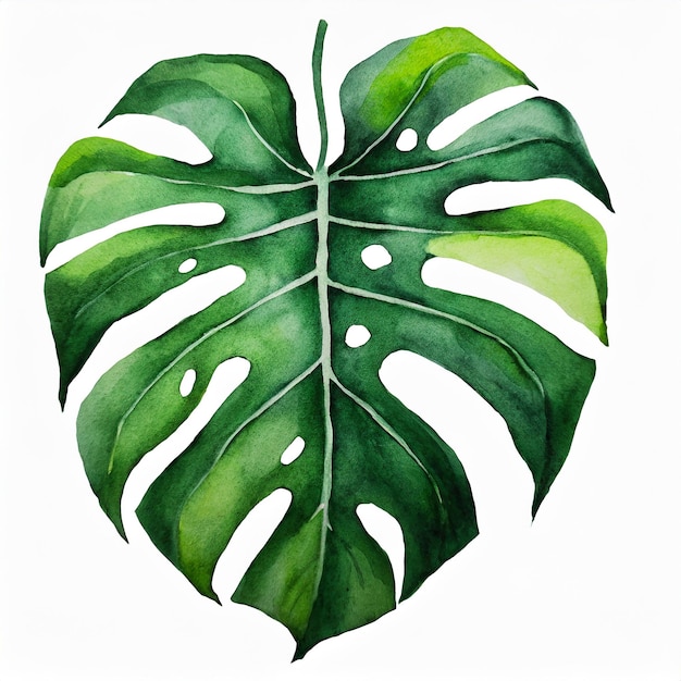 Waterverf illustratie van een prachtig groen monstera blad op witte achtergrond Handgetekende kunst