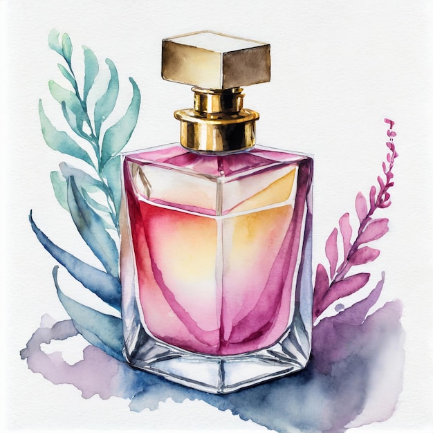Waterverf illustratie van een roze parfuumfles met de hand getekende kunst voor afdrukken