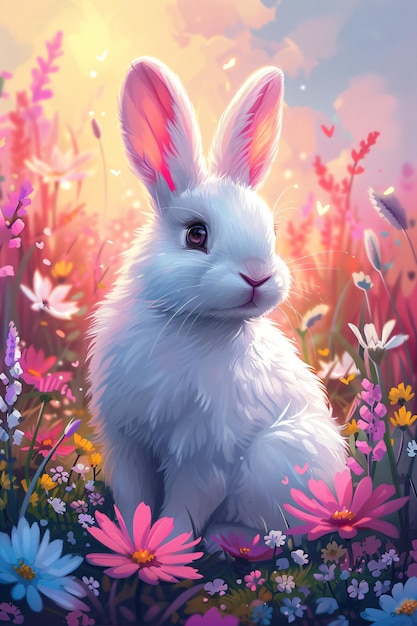 Waterverf illustratie van een schattig konijn dat op het voorjaarsveld zit Gelukkige Paasbanner of kaart