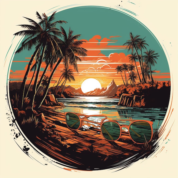 Waterverf illustratie van een zonsondergang op het strand met een zonnebril voor T-shirtontwerp