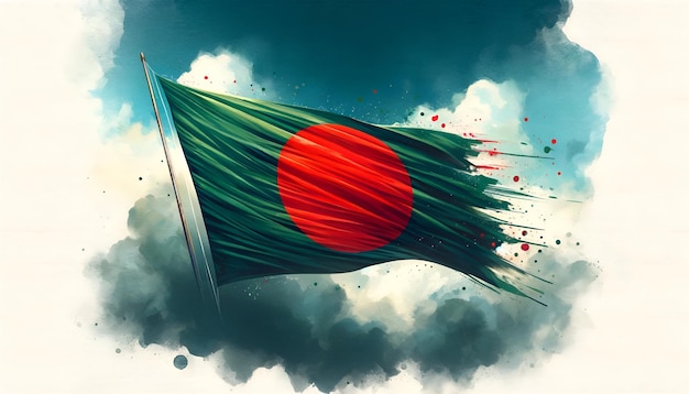 Waterverf illustratie van het zwaaien van de vlag van Bangladesh voor de Onafhankelijkheidsdag