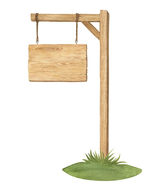Waterverf illustratie van houten bordhouder houten plank of wijzer op gras geïsoleerd Handgemaakt