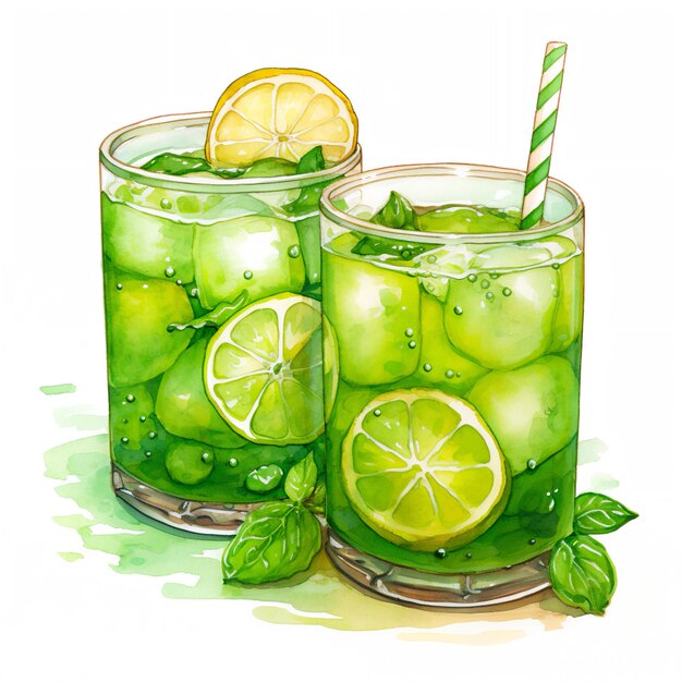 Waterverf illustratie van ijs thee en groene thee verfrissende drank kunst AI gegenereerd