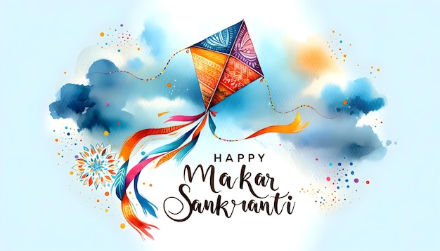 Foto waterverf illustratie van makar sankranti vliegende vlieger