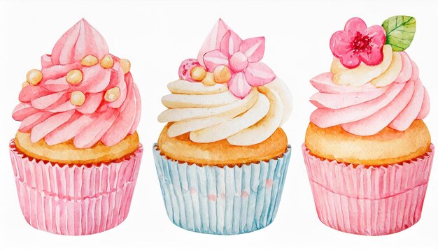 Foto waterverf illustratie van schattige 3 cupcakes kawaii kunst geïsoleerd op wit lekker en zoet dessert