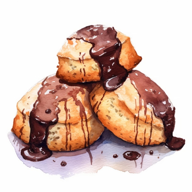 Waterverf illustratie van scones met chocolade glazuur