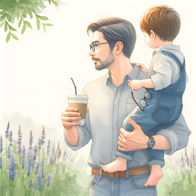 Waterverf illustratie van vader en zijn kind Kopieer ruimte voor tekst Vadersdag concept