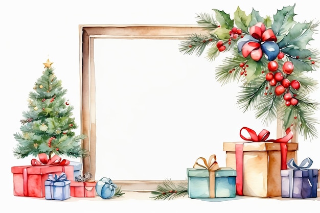 Waterverf in het kader van kerstboom en geschenkkistjes op een witte achtergrond Groetekaartje voor Kerstmis