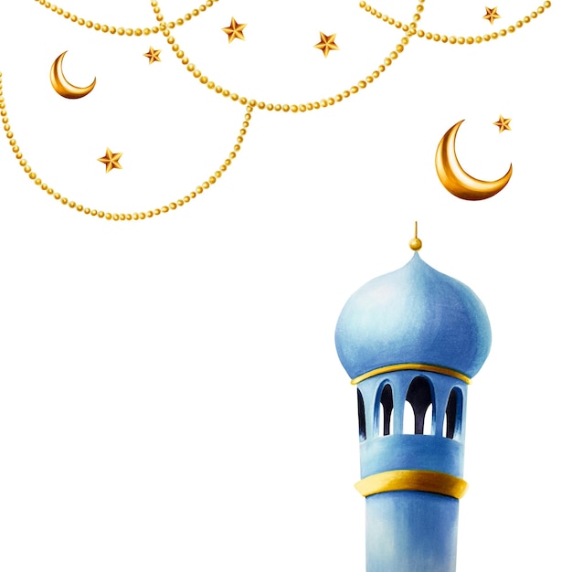 Waterverf islamitisch-arabisch frame met minaret gouden halve maan sterren op een gouden kettingen illustrati