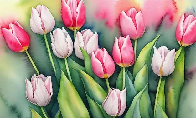 waterverf kaart roze en witte tulpen