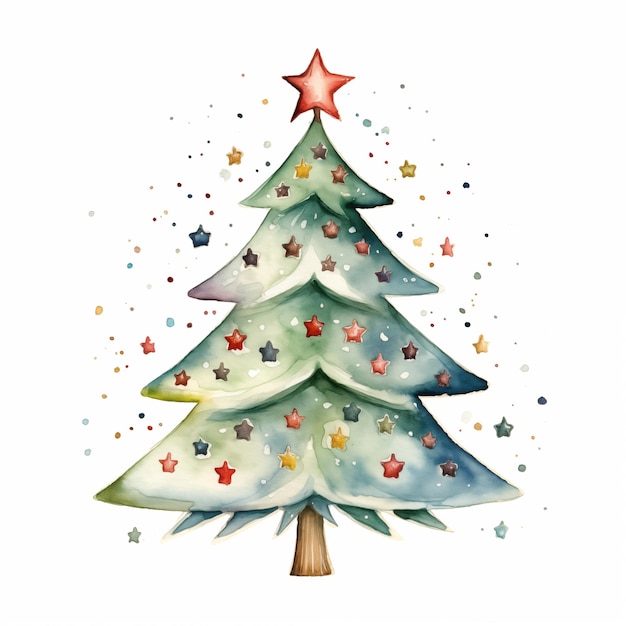 Waterverf kerstboom met ster hand tekenen illustratie op witte achtergrond