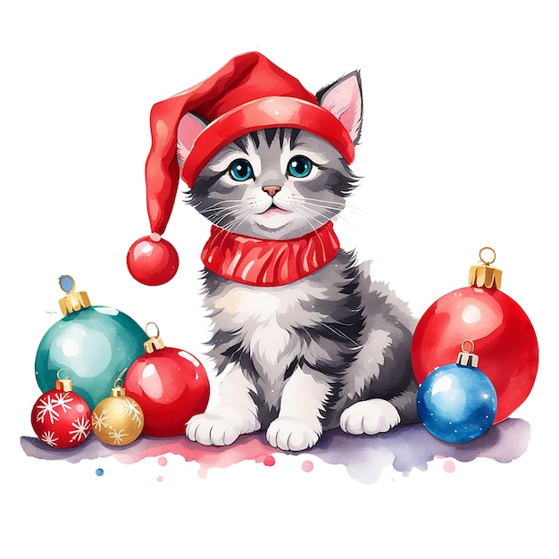 Foto waterverf kerstkitten kat in rode hoeden met kerstspeelgoed en geschenken sticker
