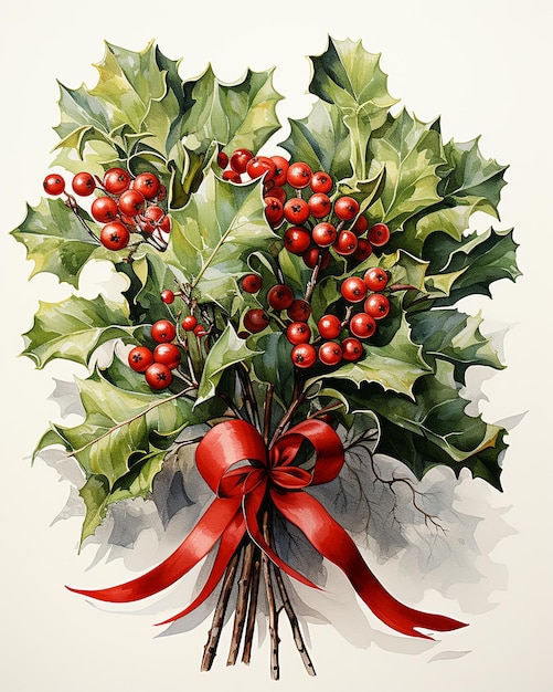 Waterverf Kerstmis mistletoe gebonden met rood lint