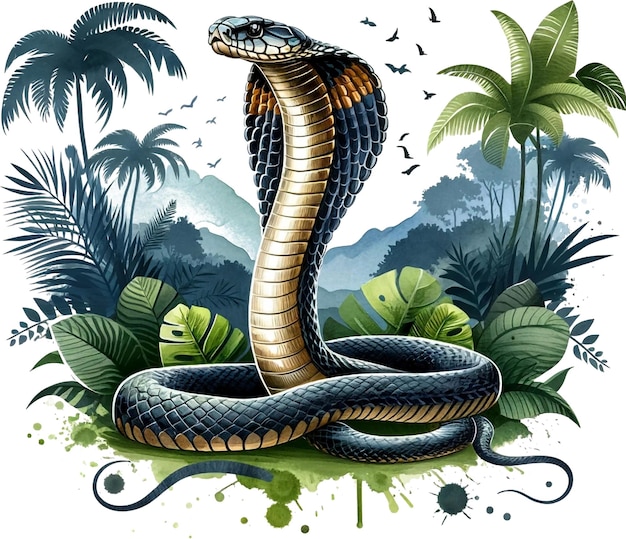 Waterverf Koning Cobra jpg foto met exotische jungle