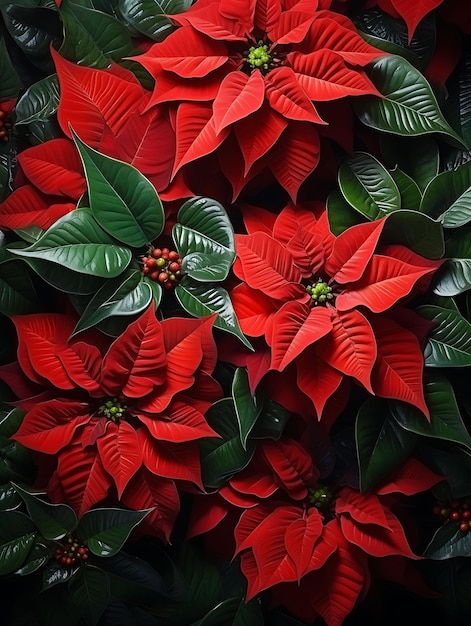 Waterverf Kunst van Poinsettias Bract Details Glanzende bladeren Rood Kerstmis Groen Schoonheid Natte Frame