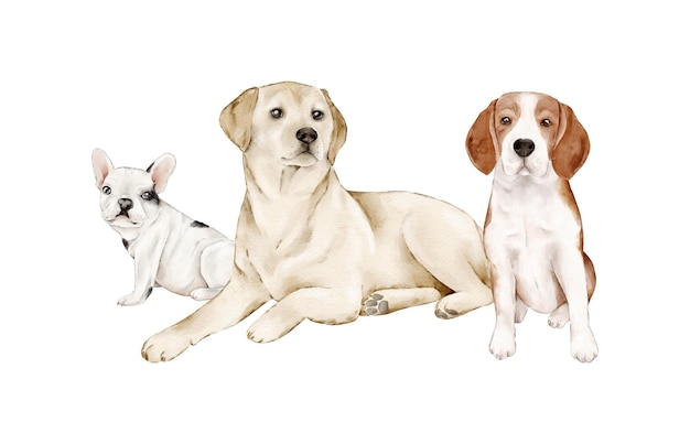 Waterverf Labrador retriever beagle en Franse bulldog Handgetekende illustratie van schattige huisdieren Clipart