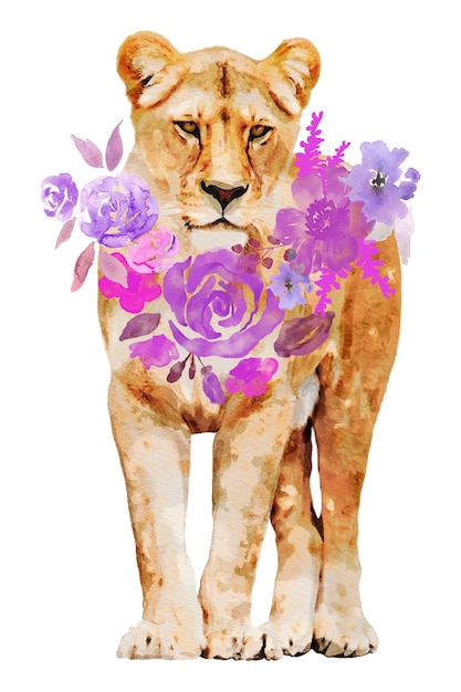 Waterverf leeuwin png illustratie op doorzichtige achtergrond met bloemenkrans