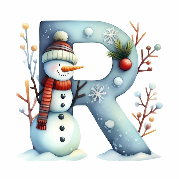 waterverf letter R met sneeuwman decoratie