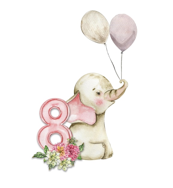 Waterverf met de hand getekende kleine baby olifant met dahlia bloemen en getallen compositie