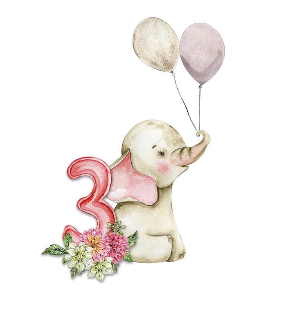 Waterverf met de hand getekende kleine baby olifant met dahlia bloemen en getallen compositie