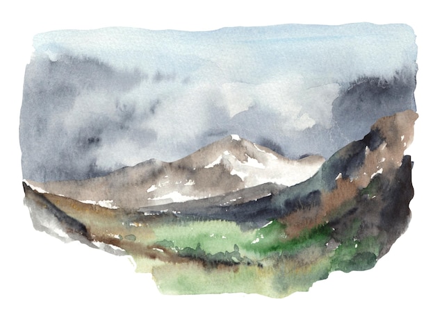 Waterverf mistig landschap met bergen en dennenbomen Bergen met de hand getekende illustratie