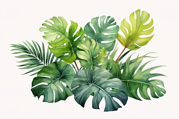 Waterverf Monstera tropisch groene bladeren planten op witte achtergrond