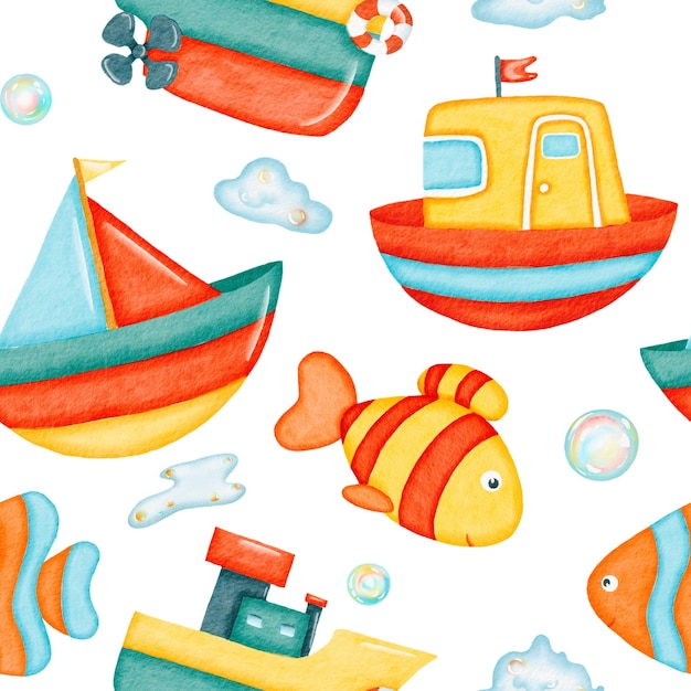 Waterverf naadloos patroon betegeld kleurrijke vis speelgoed boten en kleurrijke zeepbellen patroon Badkamer achtergrond Ontwerp voor kinderen kinderen textiel stof huis decor geschilderd sieraad