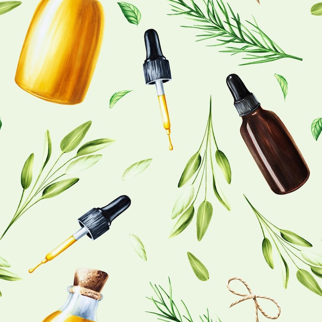 Waterverf naadloos patroon met aromatische kruiden met flessen serum Illustraties van verse rozenbloem