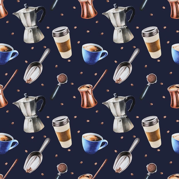 Waterverf naadloos patroon met hulpmiddelen voor het maken van koffie Latte espresso americano Hand schilderij op