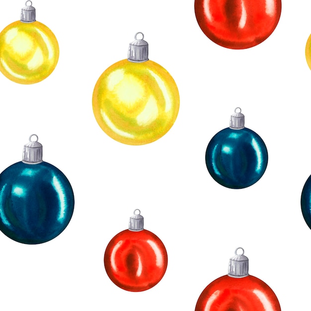 Foto waterverf naadloos patroon met kerst glazen ballen rood blauw en geel met de hand getekende illustratie