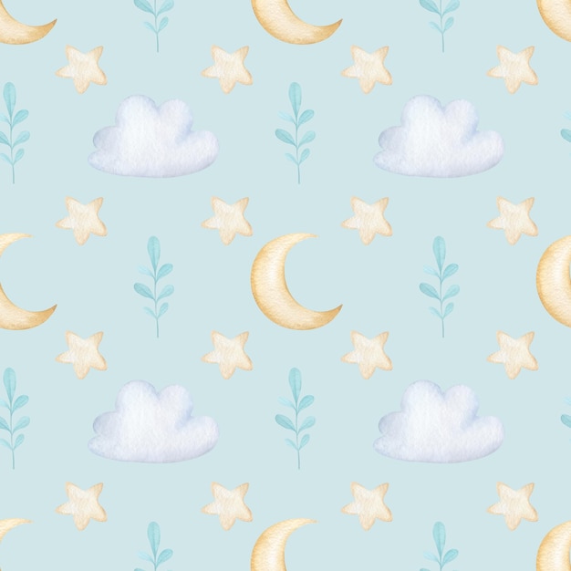 Waterverf naadloos patroon met maan en wolken en takjes Prachtig kinderpatroon voor textiel en kleding