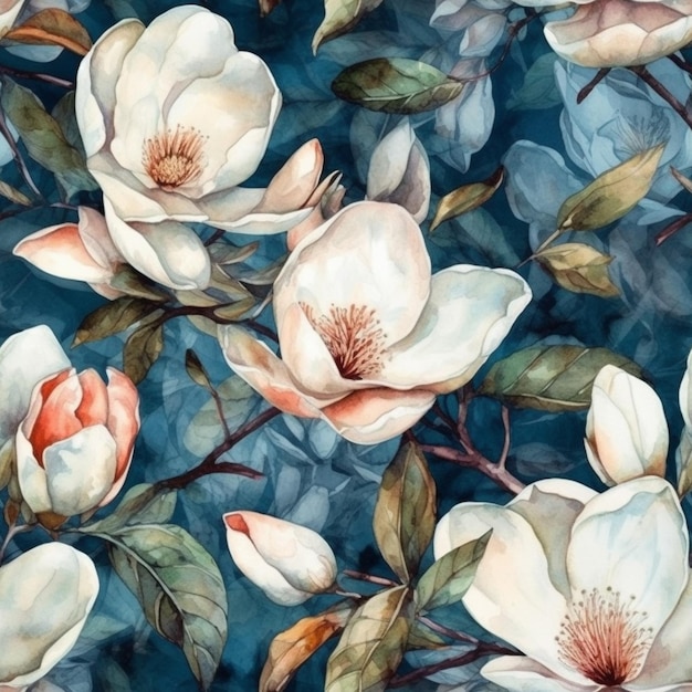 Waterverf naadloos patroon met magnoliabloemen op een blauwe achtergrond. aquarel illustratie. voorraad illustratie