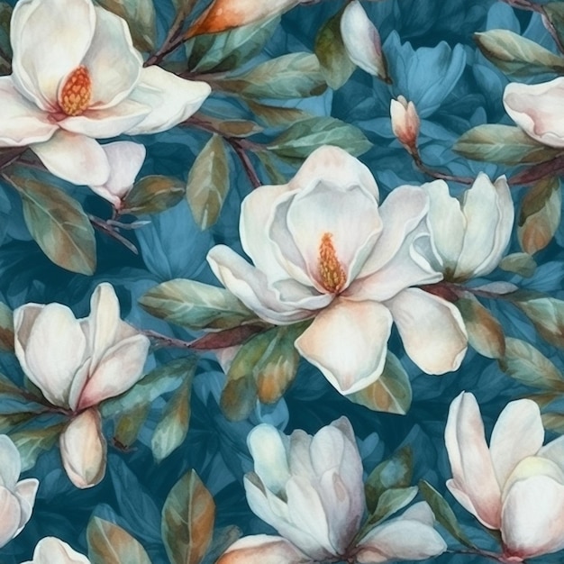 Waterverf naadloos patroon met magnoliabloemen op een blauwe achtergrond.