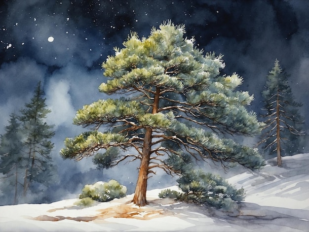 Waterverf nacht sneeuwval landschap met bomen illustratie