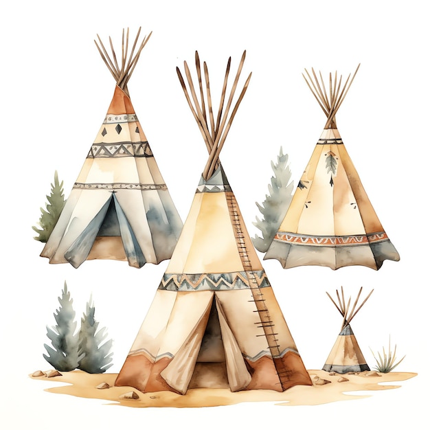 waterverf Native American teepee western wild west cowboy woestijn illustratie clipart