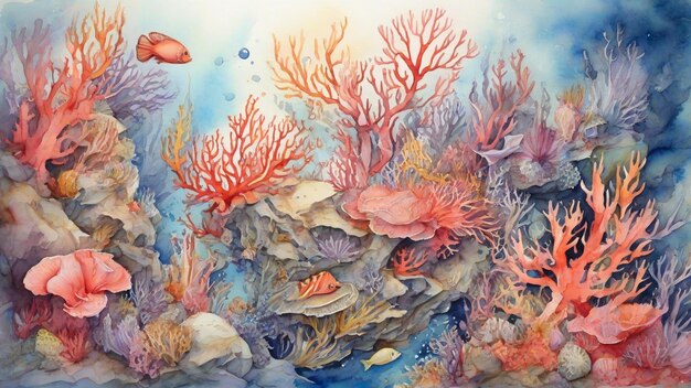 Waterverf Onderwater koraal Zeeleven Fantasy kleuren
