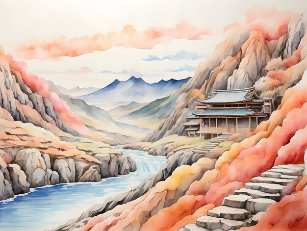 Waterverf onsen spa op elke beroemde locatie Japan en Korea behang Kunstzinnige warmwaterbronnen reizen s