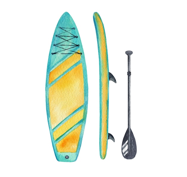 waterverf opblaasbare paddleboard stands zwarte paddle twee uitzicht op het bord met de hand getekende illustratie van heldere stand up paddle board SUP en apparatuur schets van zomervakantie op het water