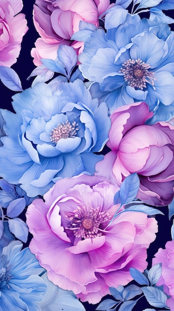 Foto waterverf pioenbloemen op blauwe achtergrond verticaal behang