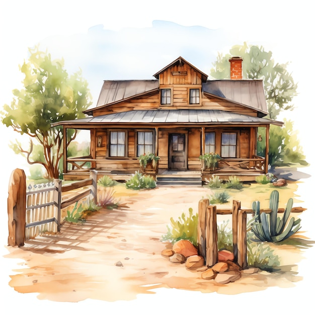 waterverf ranch huis westerse wilde westen cowboy woestijn illustratie clipart