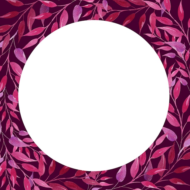 waterverf rond frame met roze en magenta bladeren handgetekende illustratie schets roos kleur paars