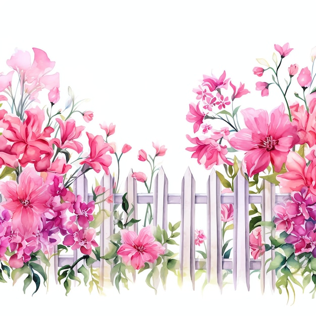 waterverf roze tuin hek met bloemen illustratie lente bloemen clipart