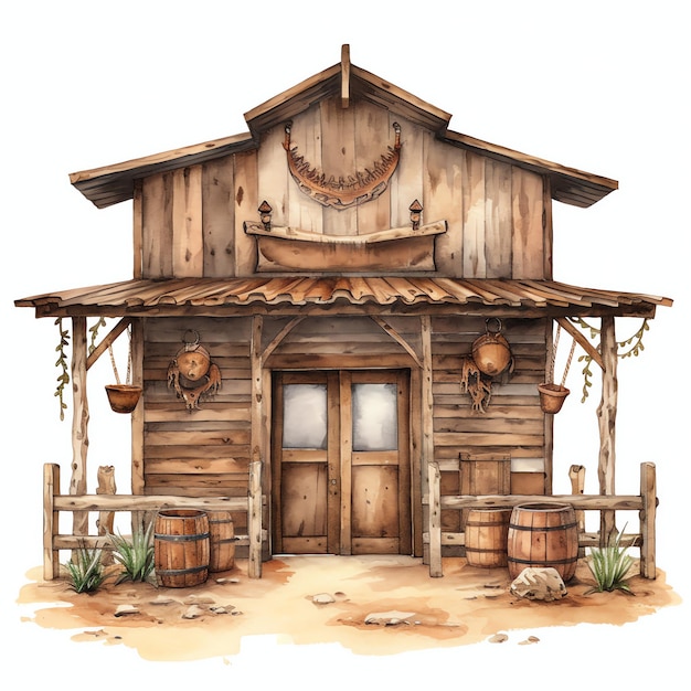 waterverf Saloon ingang westerse wilde westen cowboy woestijn illustratie clipart